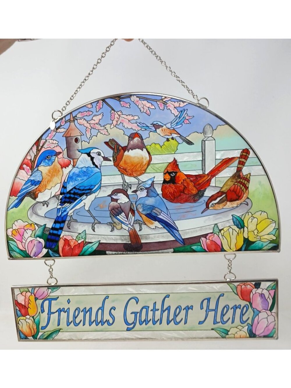 Friends Gather Here Stained Glass Suncatcher Birds Flowers Hanging Chain #SB